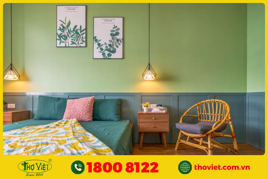 Phòng ngủ sơn màu xanh ngọc với phong cách hiện đại