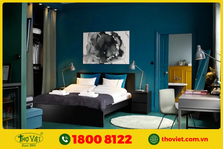 Sơn tường phòng màu xanh ngọc phong cách sang trọng lịch lãm