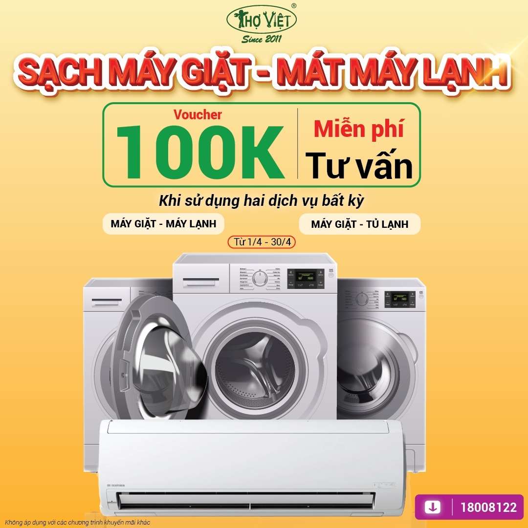 Poster chương trình giảm 100k khi vệ sinh máy giặt và vệ sinh máy lạnh