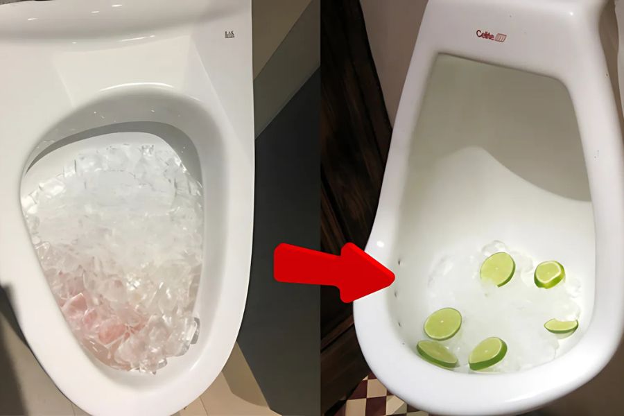 Thông tắc bồn cầu bằng cách cho đá vào bồn và xả nước để đẩy chất thải đi