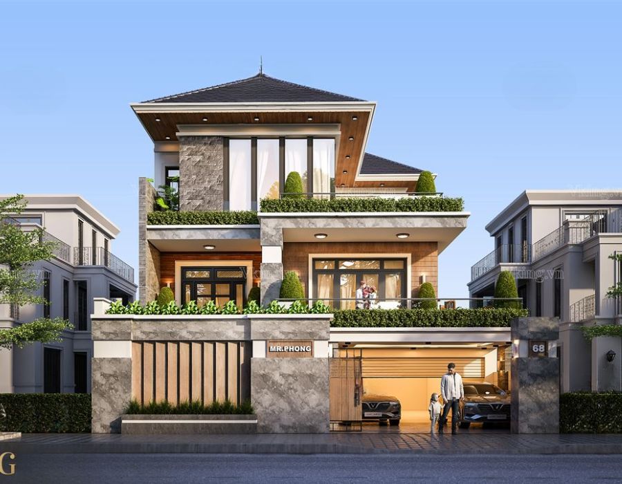 mẫu nhà mặt tiền 2 tầng 10m thiết kế hiện đại cái mái nhật và gara