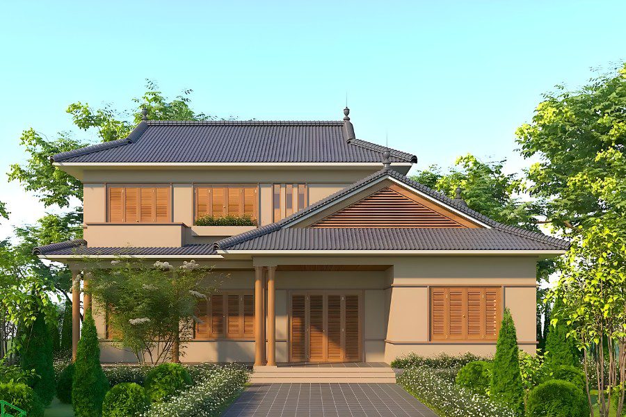 Nhà mái Nhật tông màu nâu đất, cột tròn và cửa gỗ màu nâu đỏ