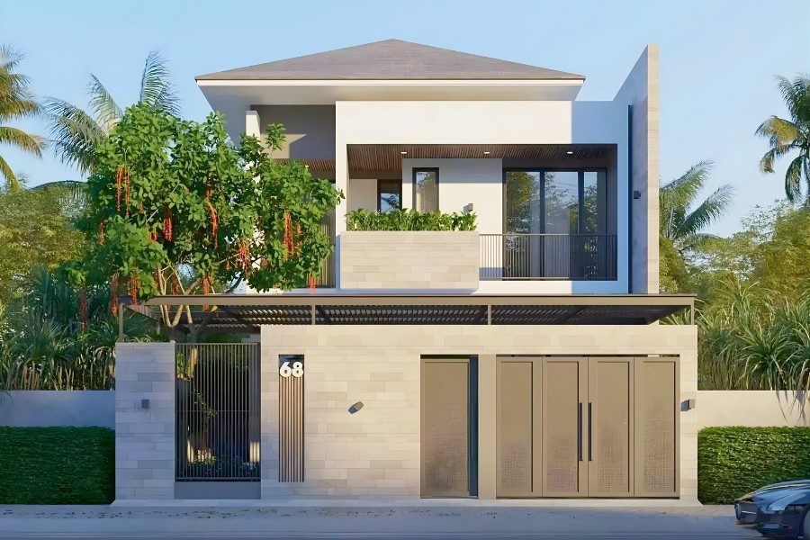 Mẫu nhà phố mái Nhật, hệ lam gỗ chắn nắng ở tầng 2 vừa trang trí vừa giảm nhiệt