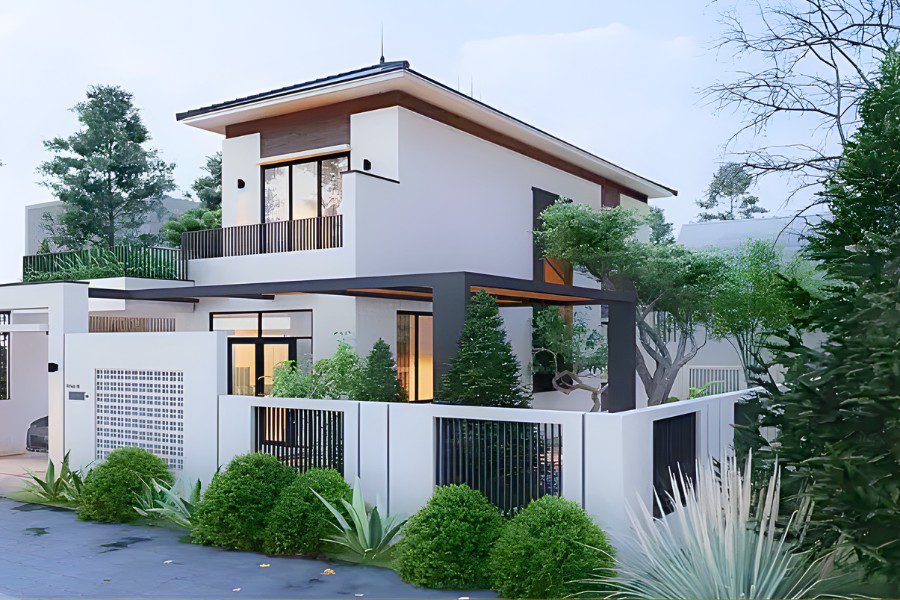 Nhà 2 tầng mái Nhật (độ dốc thấp), tông màu trắng chủ đạo