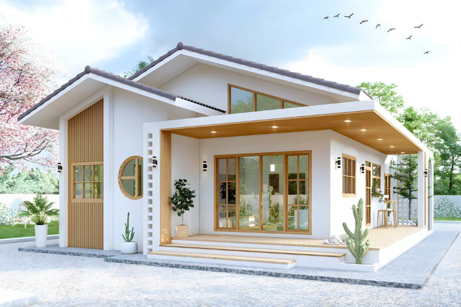 Mẫu nhà cấp 4 kiểu Nhật với mái ngói dốc nhẹ, tường trắng, hệ cửa gỗ kính lớn và hành lang gỗ bao quanh vườn sỏi