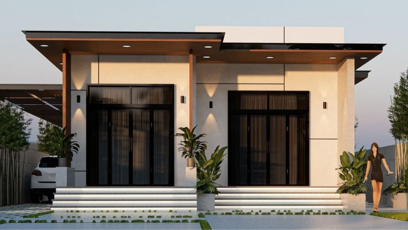 Mặt tiền nhà cấp 4 có hồ bơi hoặc sân thượng