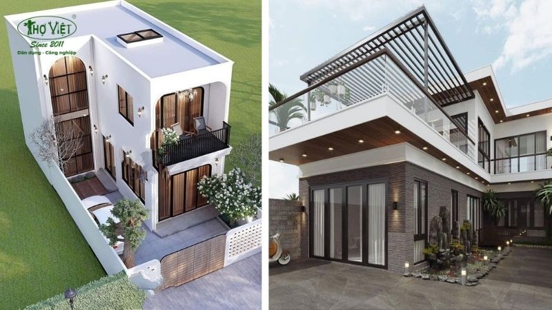 Mẫu nhà 2 tầng chữ L có sân vườn