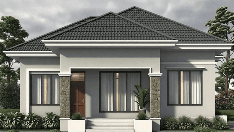 Mẫu nhà cấp 4 ngang 8m mái Nhậtmái lệch