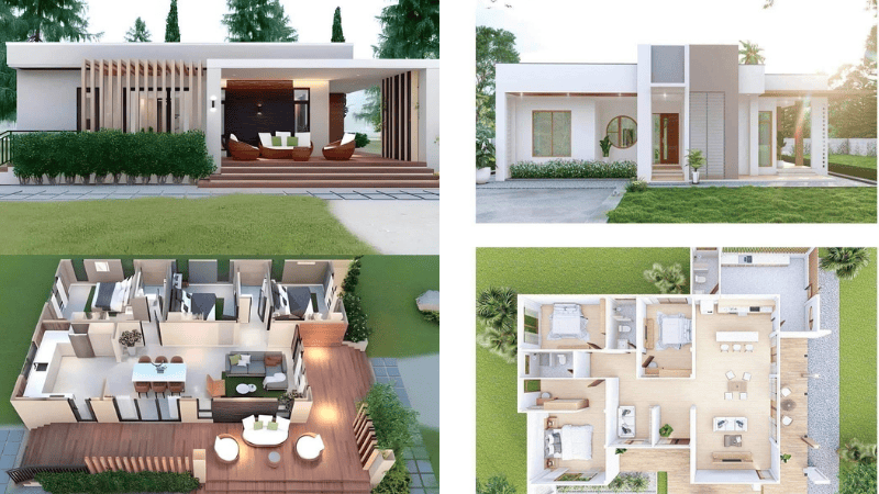 Mẫu nhà cấp 4 ngang 8m mái bằng 3