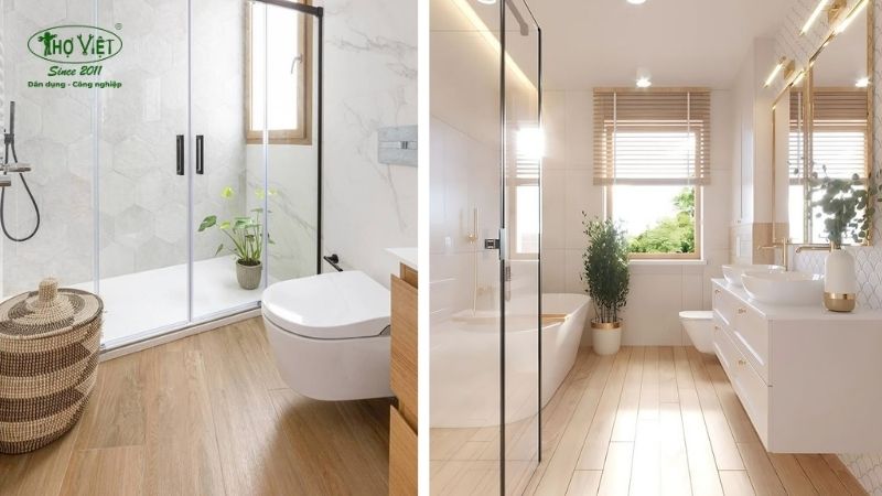 Mẫu nhà vệ sinh gạch vân gỗ và bê tông 1