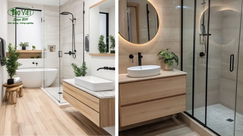 Mẫu nhà vệ sinh gạch vân gỗ và bê tông