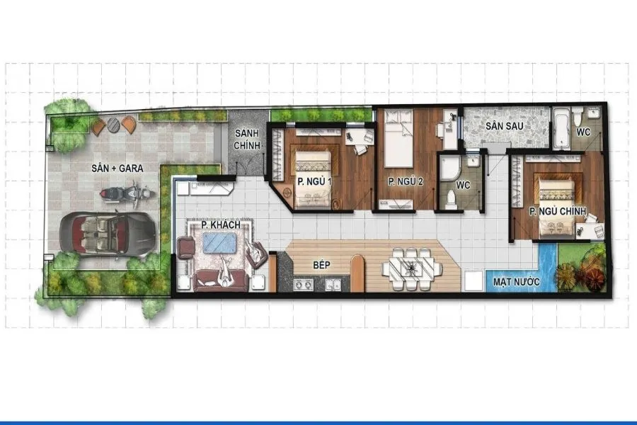 Bản vẽ nhà ống 1 tầng đẹp 5x20 hiện đại