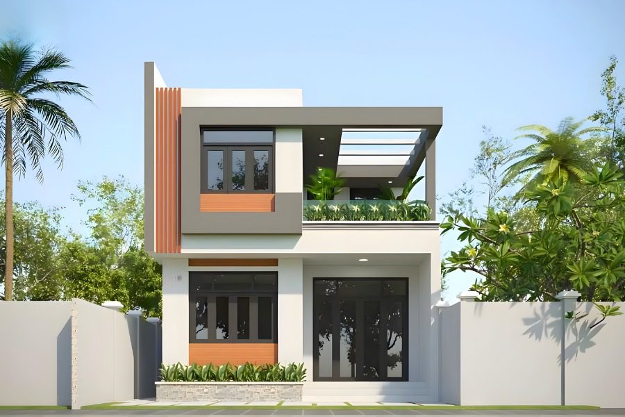 Mặt tiền nhà ống 2 tầng nông thôn 800 triệu hiện đại có giếng trời thoáng sáng.