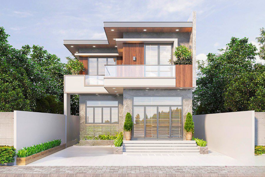 Mẫu nhà chữ L 2 tầng hiện đại ốp đá và gỗ trang trí mặt tiền sang trọng.