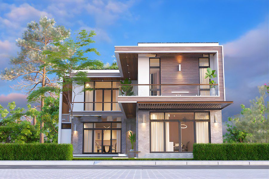 Mẫu nhà chữ L 2 tầng hiện đại với mặt tiền ốp đá xám và hệ cửa kính lớn kịch trần.