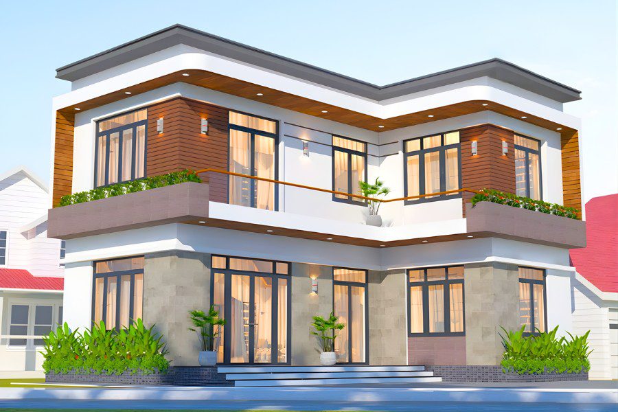 Mẫu nhà chữ L 2 tầng mái bằng phối màu gỗ và đá ốp tường xám trang nhã.