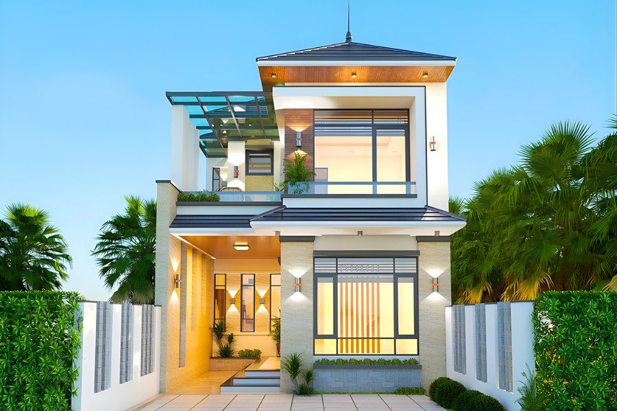 Mẫu nhà chữ L 2 tầng hiện đại có sân thượng và giàn hoa kính cao cấp.