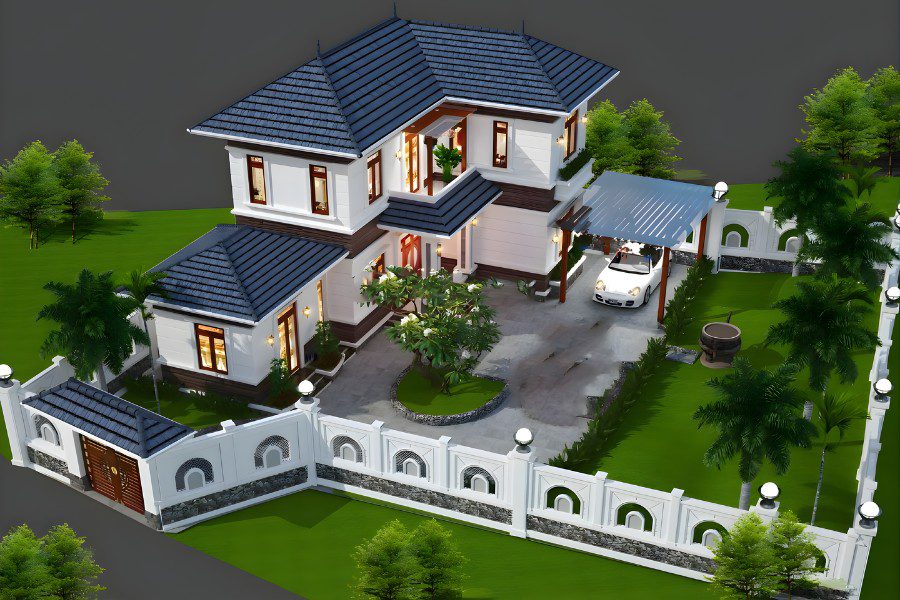 Toàn cảnh từ trên cao mẫu nhà chữ L 2 tầng mái Nhật có sân vườn rộng và tường rào đẹp.