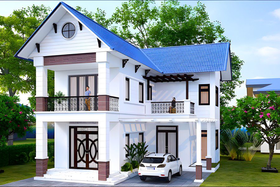 Mẫu nhà chữ L 2 tầng mái Thái xanh trắng có gara ô tô dưới hiên.