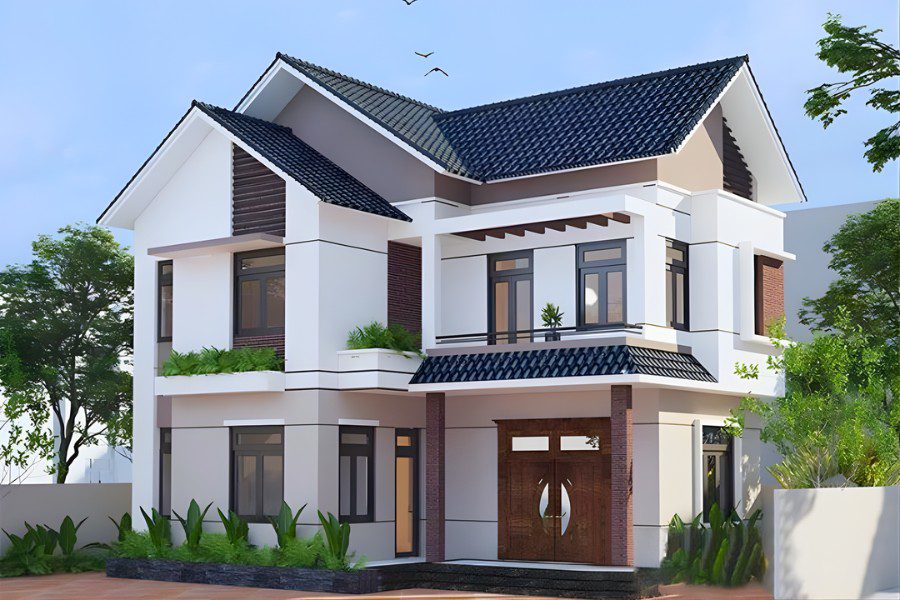 Mẫu nhà chữ L 2 tầng mái Thái giật cấp phối màu trung tính.