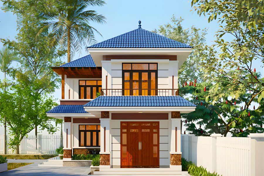 Mẫu nhà chữ L 2 tầng mái Nhật màu xanh đậm với cửa gỗ chính lớn.
