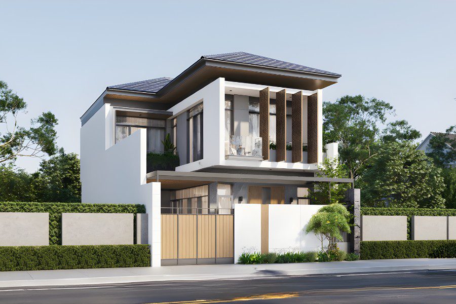 Mẫu nhà chữ L 2 tầng phong cách hiện đại tối giản với hệ lam gỗ trang trí.