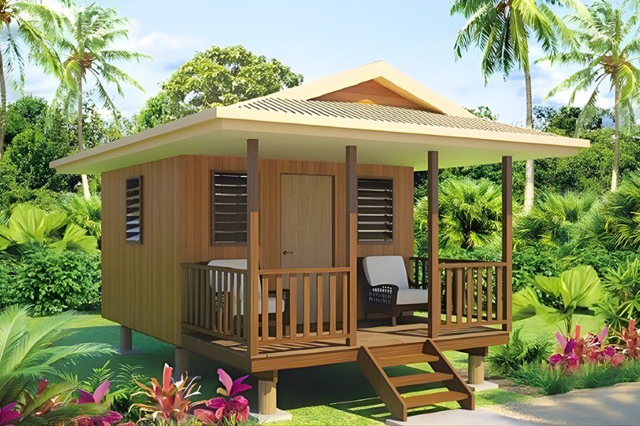 Mẫu nhà gỗ cấp 4 dạng bungalow sàn cao giữa rặng dừa nhiệt đới.