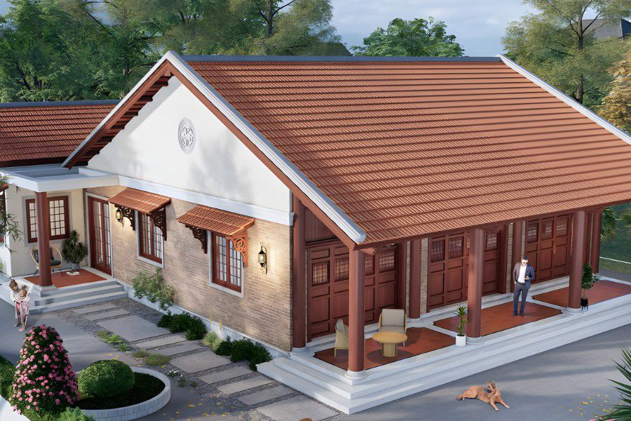 Phối cảnh từ trên cao mẫu nhà gỗ cấp 4 mái ngói đỏ rực rỡ.