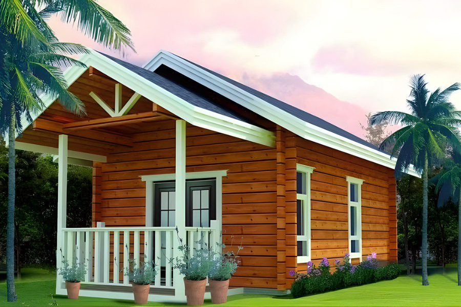 Mẫu nhà gỗ cấp 4 nhỏ gọn xinh xắn cho sân vườn hoặc khu nghỉ dưỡng.
