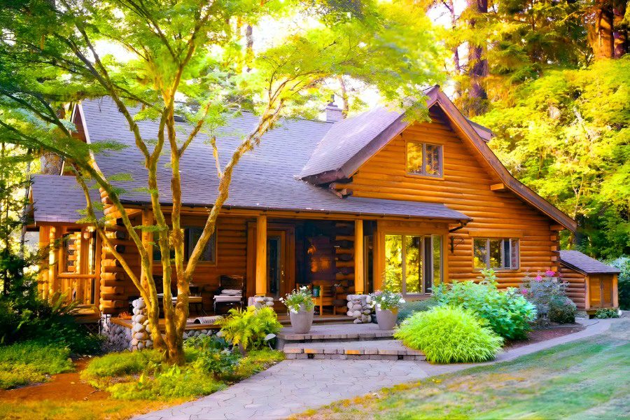 Mẫu nhà gỗ cấp 4 kiểu log cabin truyền thống giữa rừng cây xanh.