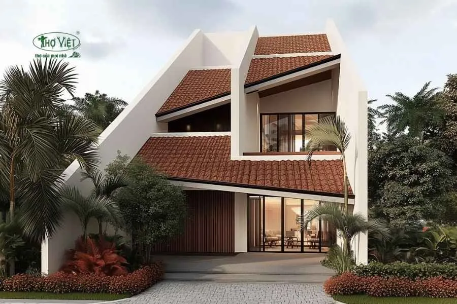 Mẫu nhà mái lệch có sân vườn