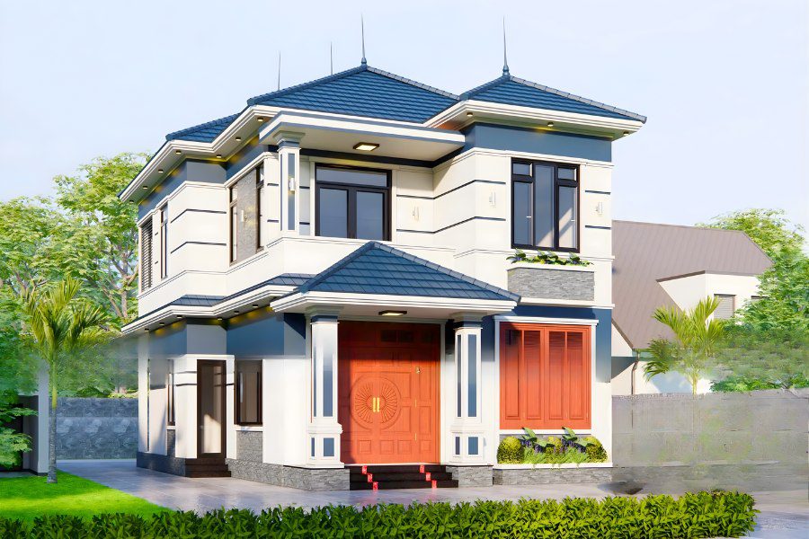 Mẫu nhà 2 tầng mái Nhật hiện đại phối màu trắng, xanh dương đậm và cửa đỏ gạch nổi bật.