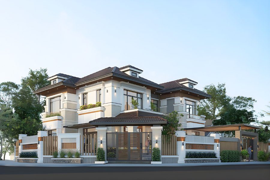 Mẫu biệt thự 2 tầng mái Nhật rộng lớn, có hàng rào kiên cố, tông màu trắng kem và xám.
