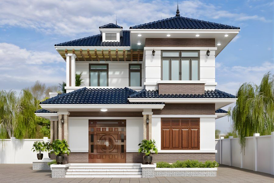 Mẫu nhà 2 tầng mái Nhật tân cổ điển, màu trắng, nâu gạch và mái xanh đậm, có cổng vòm trên mái.