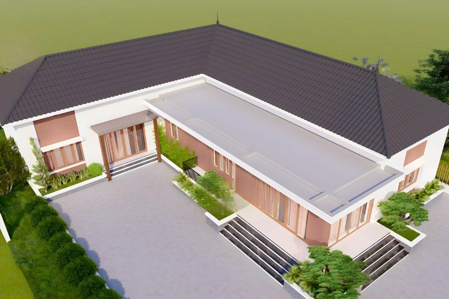 Mẫu nhà cấp 4 mái Nhật chữ L hiện đại, mái bằng phẳng kết hợp mái dốc.
