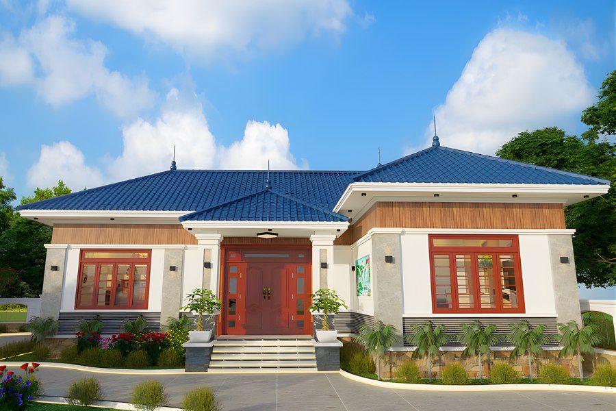 Mẫu nhà cấp 4 mái Nhật kiểu nhà cấp 4, màu sắc ấm áp với cửa và gỗ ốp tường.