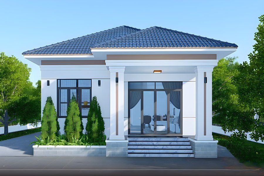 Mẫu nhà cấp 4 mái Nhật hiện đại với cửa kính lớn và tiểu cảnh cây xanh trước nhà.