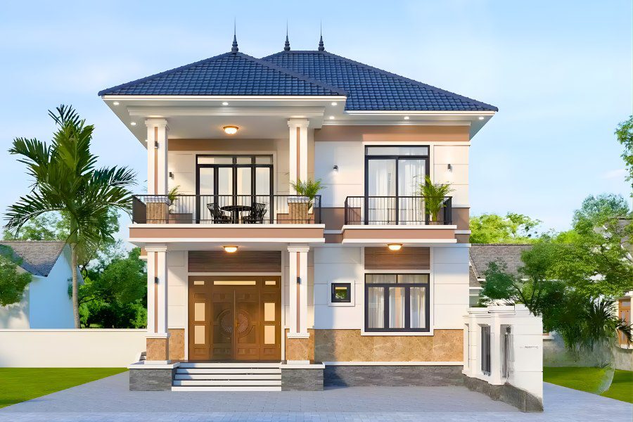 Mẫu nhà 2 tầng mái Nhật hiện đại, màu kem và nâu, thiết kế đối xứng với hai ban công.