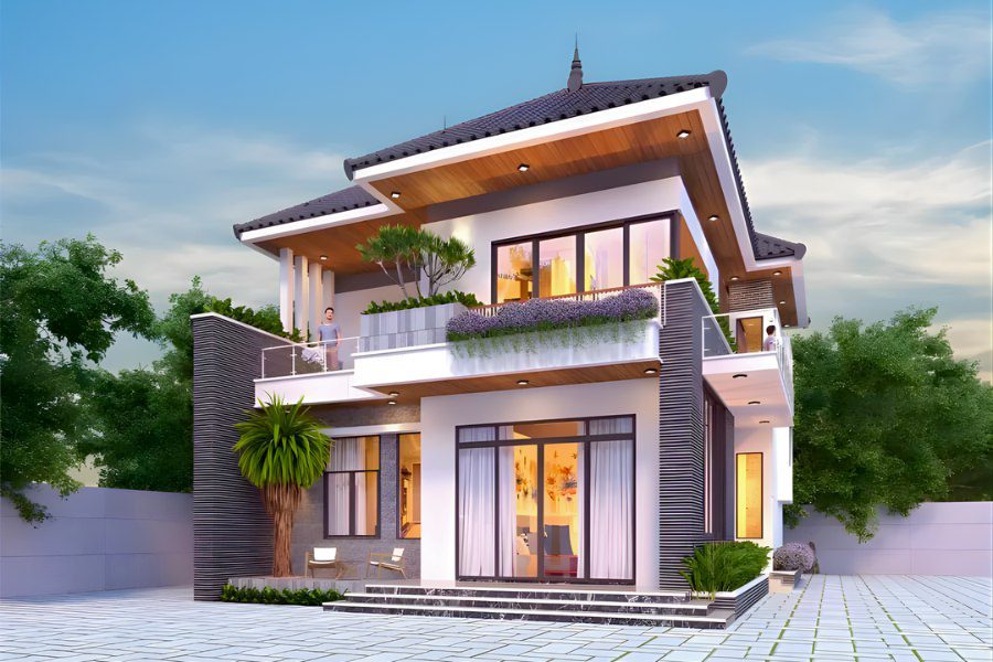 Mẫu biệt thự 2 tầng mái Nhật cách điệu, kiến trúc độc đáo, ban công trồng nhiều hoa tím.