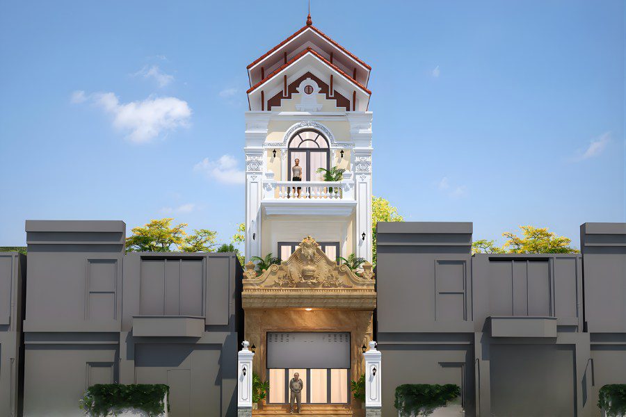 Mẫu nhà ống 3 tầng đẹp kiểu Pháp với cổng nhôm đúc và hoa văn cầu kỳ.