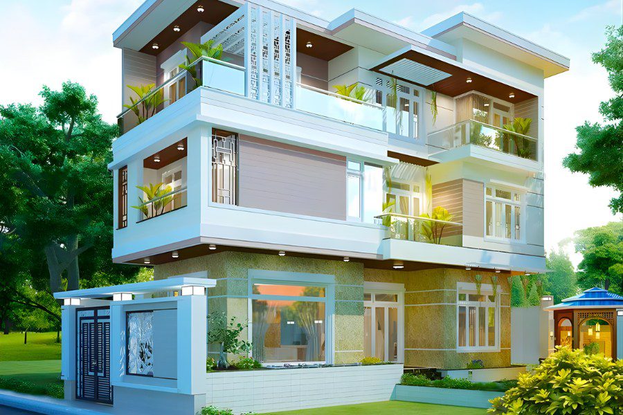 Mẫu nhà ống 3 tầng đẹp 2 mặt tiền rộng rãi với ốp đá mặt tiền tầng trệt.