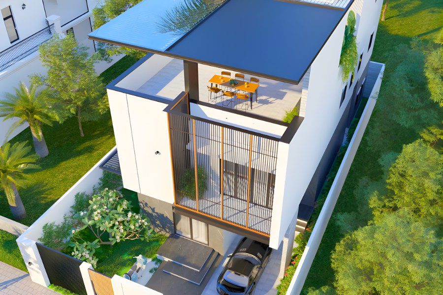 Mẫu nhà ống 3 tầng đẹp hiện đại với thiết kế sân thượng mở rộng và lam chắn nắng độc đáo.
