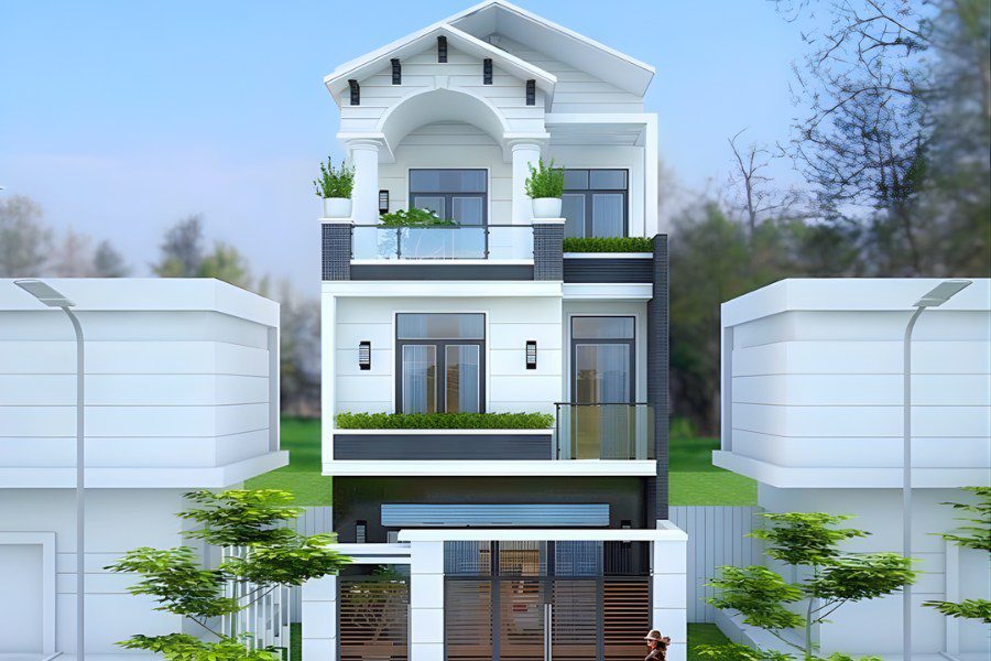 Mẫu nhà ống 3 tầng đẹp mái thái màu trắng thanh lịch với hệ cột tròn vững chãi.