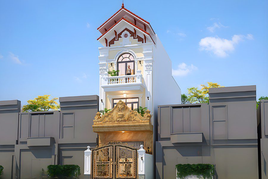 Mẫu nhà ống 3 tầng đẹp phong cách tân cổ điển mái thái với phù điêu đắp nổi sang trọng.