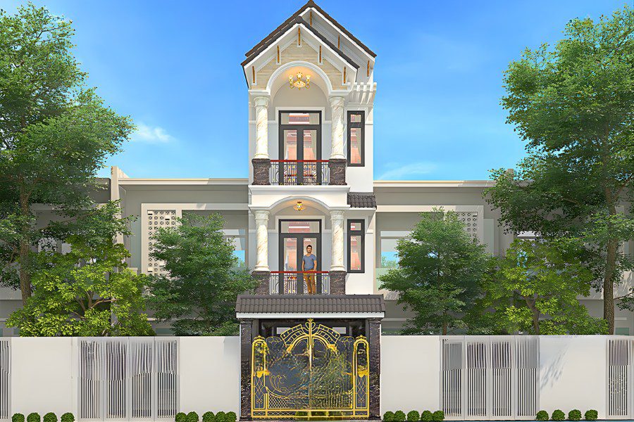 Mẫu nhà ống 3 tầng đẹp mái thái giật cấp với hệ cột đá hoa cương bề thế.