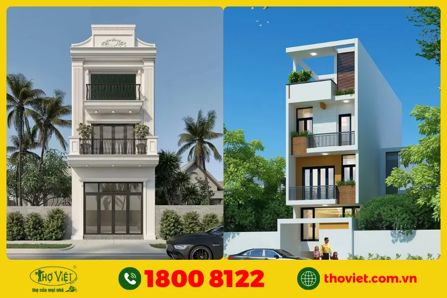 Mẫu nhà ống đẹp 3 tầng 4m có ban công xanh