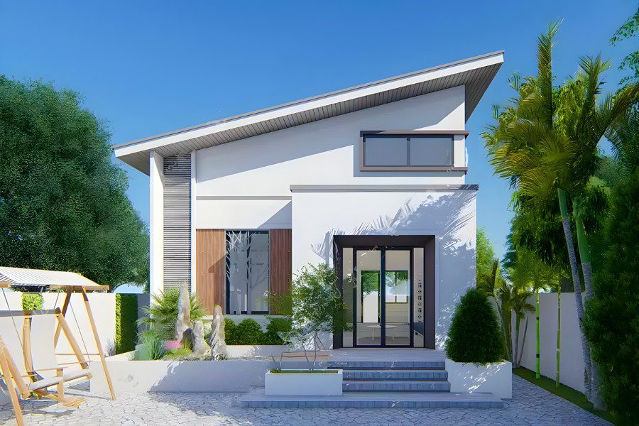 Nhà phố Bắc Âu, mái dốc lệch hiện đại, tường trắng và cửa sổ có lam gỗ trang trí.