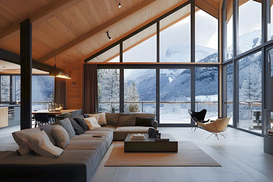 Nội thất nhà phố phong cách Bắc Âu, trần gỗ mái dốc, cửa kính lớn.