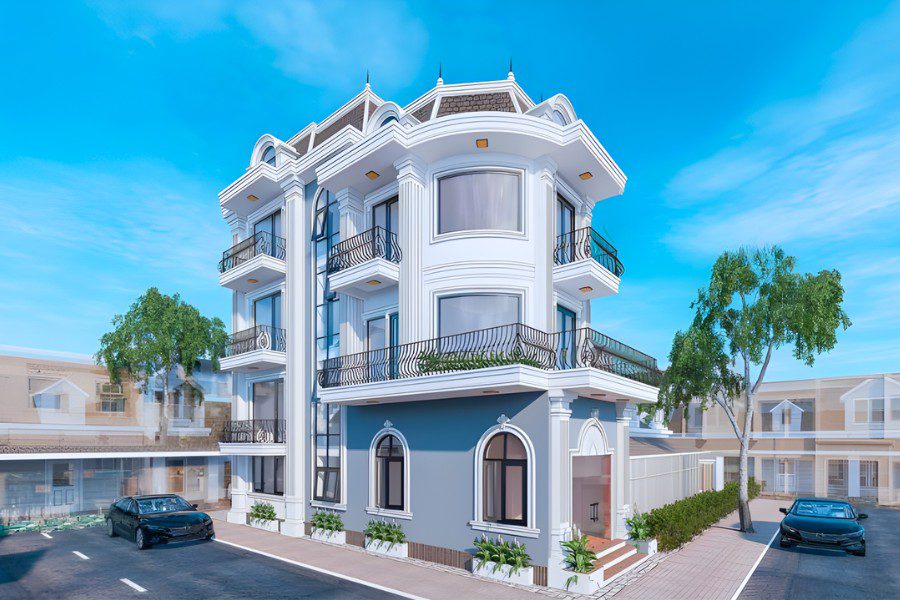 Mẫu nhà tân cổ điển 4 tầng mặt phố hiện đại với ban công sắt nghệ thuật và kính cường lực.