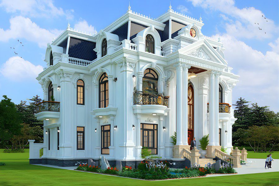 Mẫu nhà tân cổ điển biệt thự 2 mặt tiền với hệ cột Corinthian hoa mỹ.